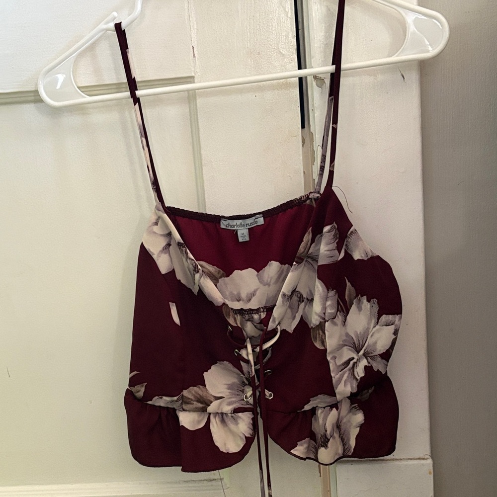 Floral Burgundy Spaghetti Strap Crop Top